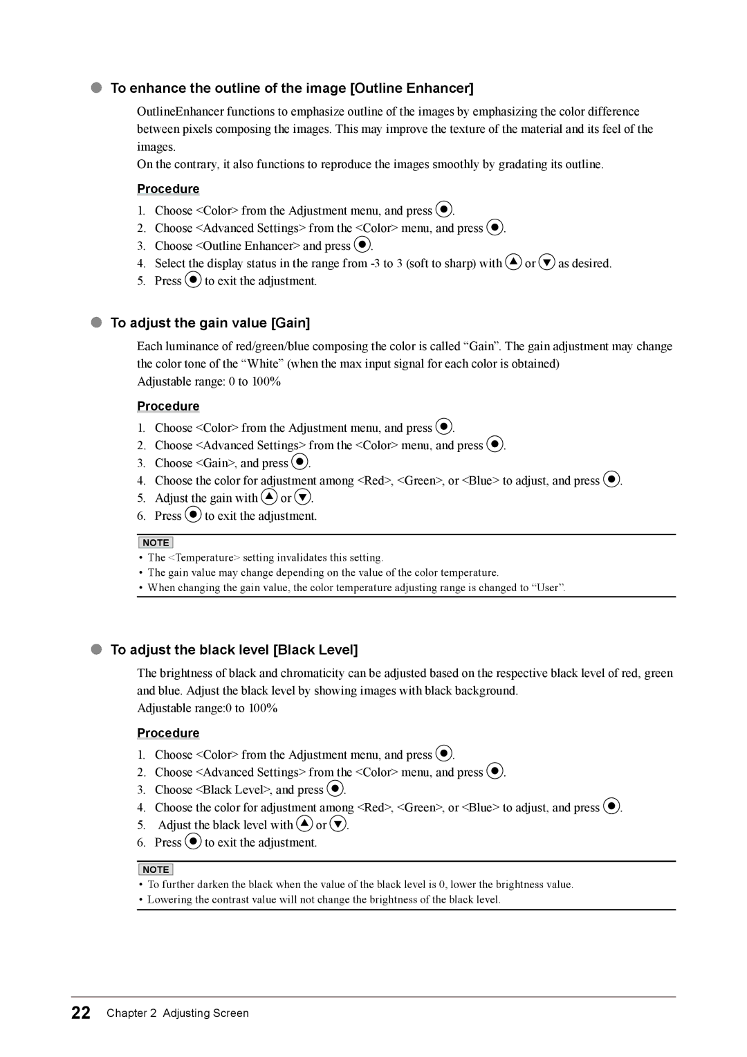 Eizo CG243W, CG223W user manual To enhance the outline of the image Outline Enhancer, To adjust the gain value Gain 