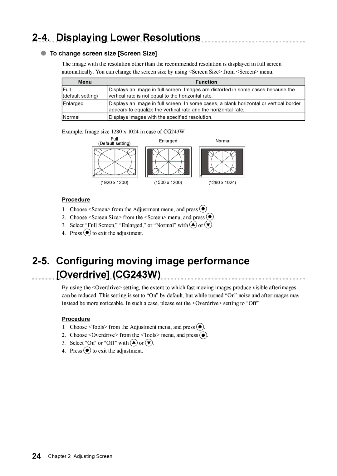 Eizo CG223W Displaying Lower Resolutions, Configuring moving image performance Overdrive CG243W, Menu Function 