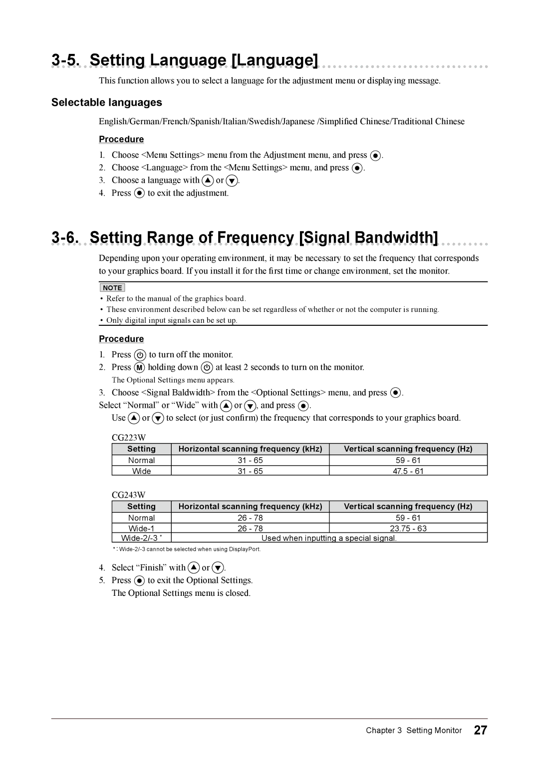 Eizo CG223W, CG243W user manual Setting Language Language, Setting Range of Frequency Signal Bandwidth, Selectable languages 