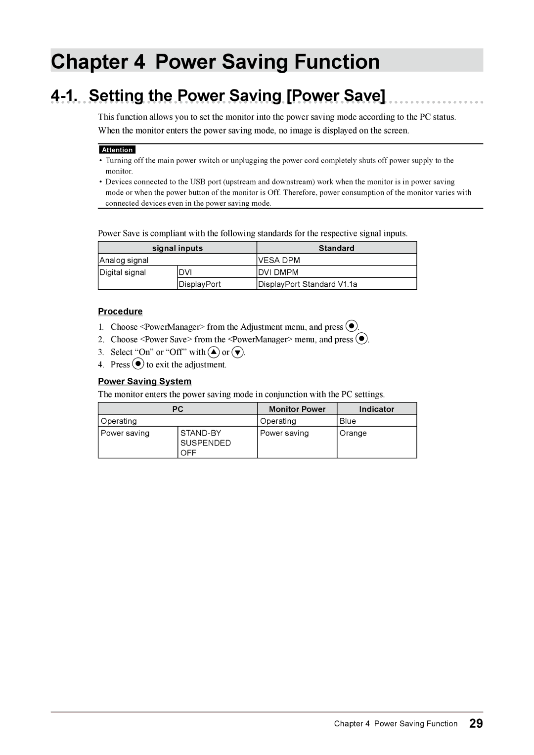 Eizo CG223W, CG243W user manual Setting the Power Saving Power Save, Signal inputs Standard, Monitor Power Indicator 