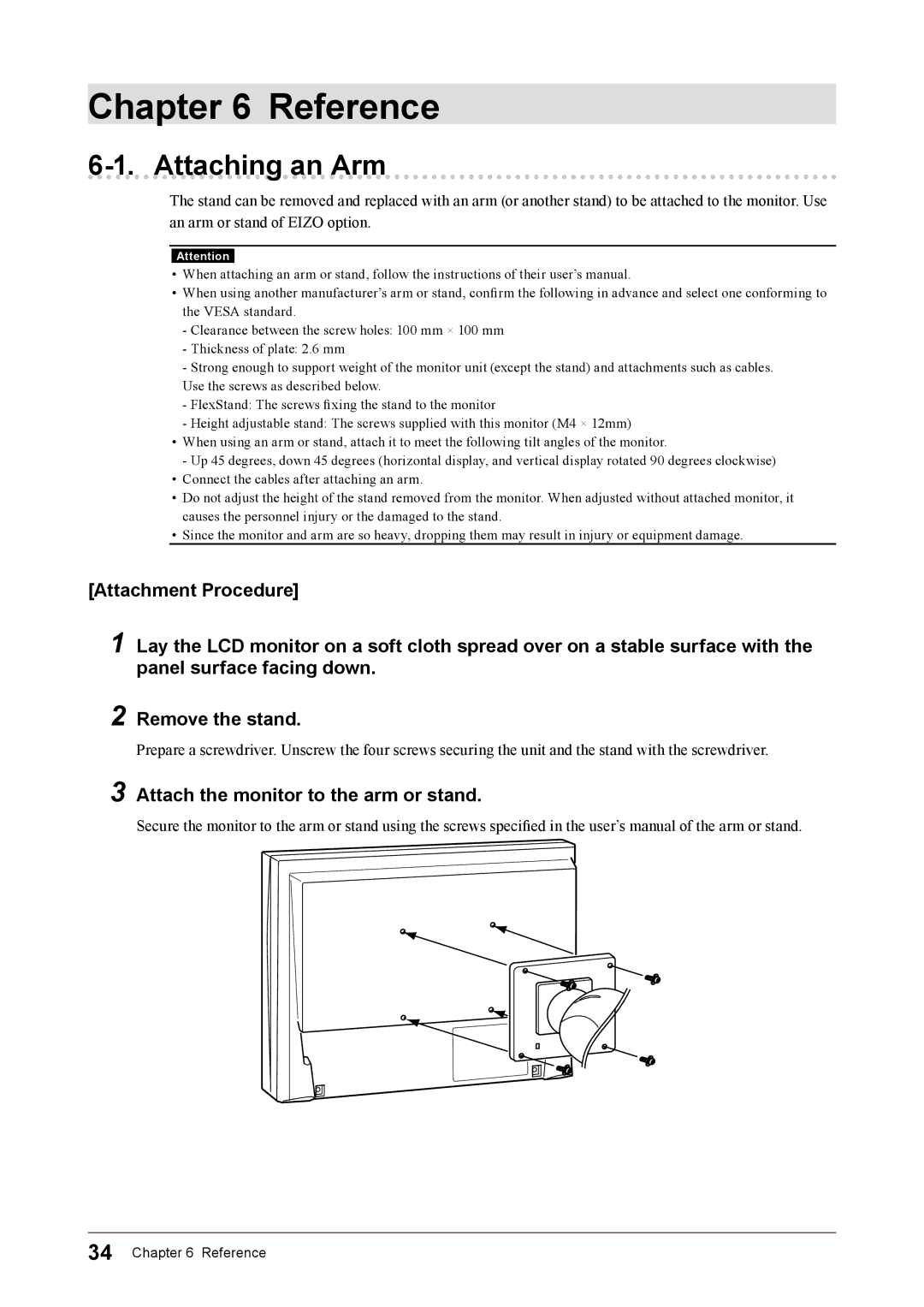 Eizo CG243W, CG223W user manual Attaching an Arm, Attach the monitor to the arm or stand 