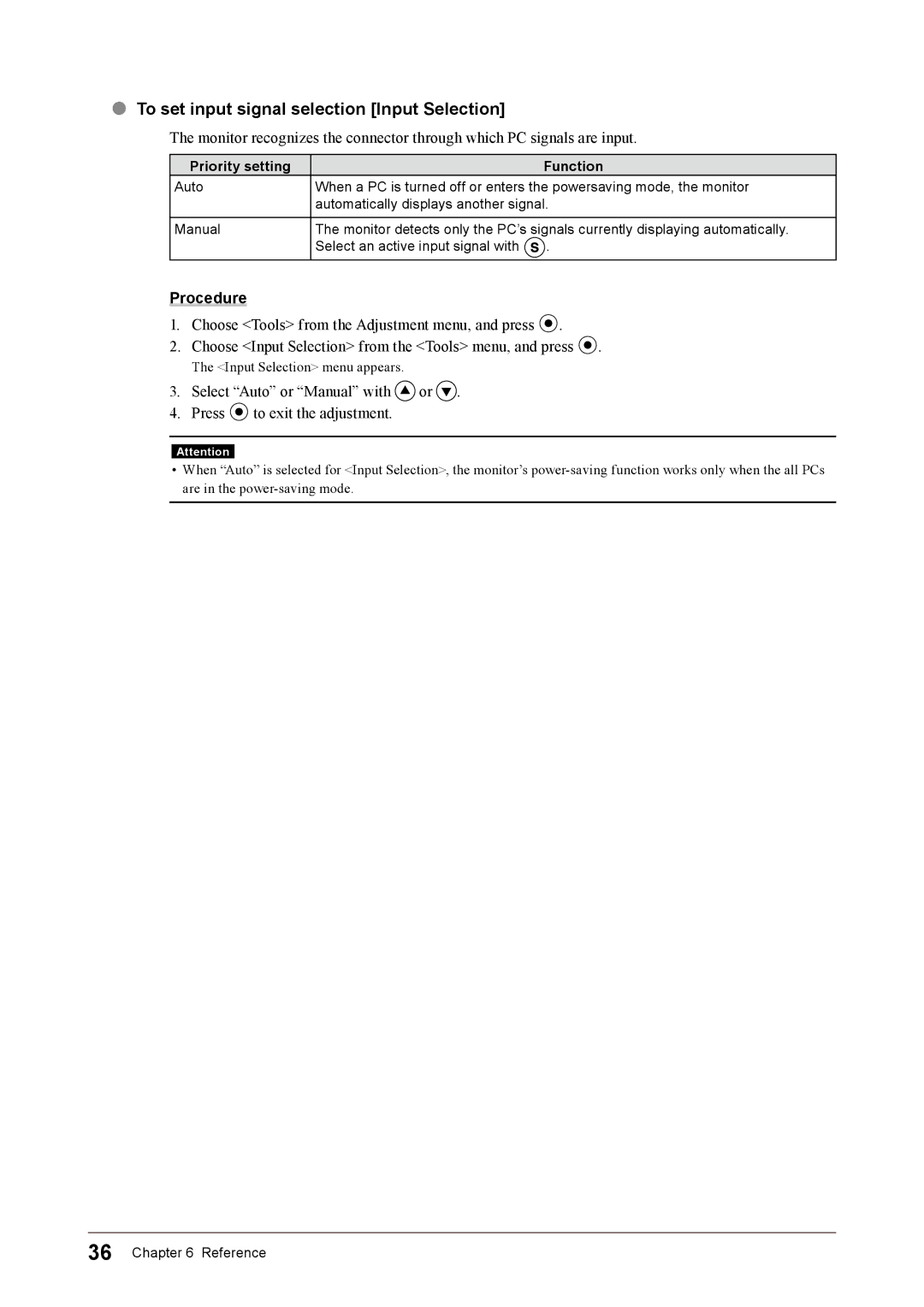 Eizo CG243W, CG223W user manual To set input signal selection Input Selection, Priority setting Function 