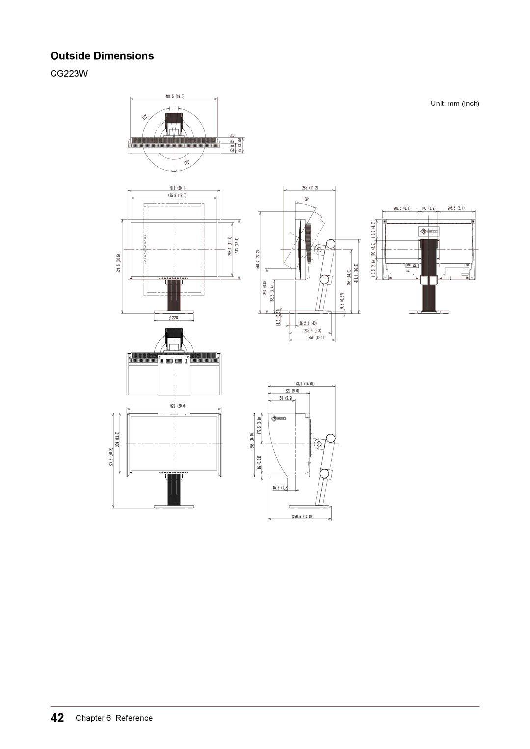 Eizo CG243W, CG223W user manual Outside Dimensions 