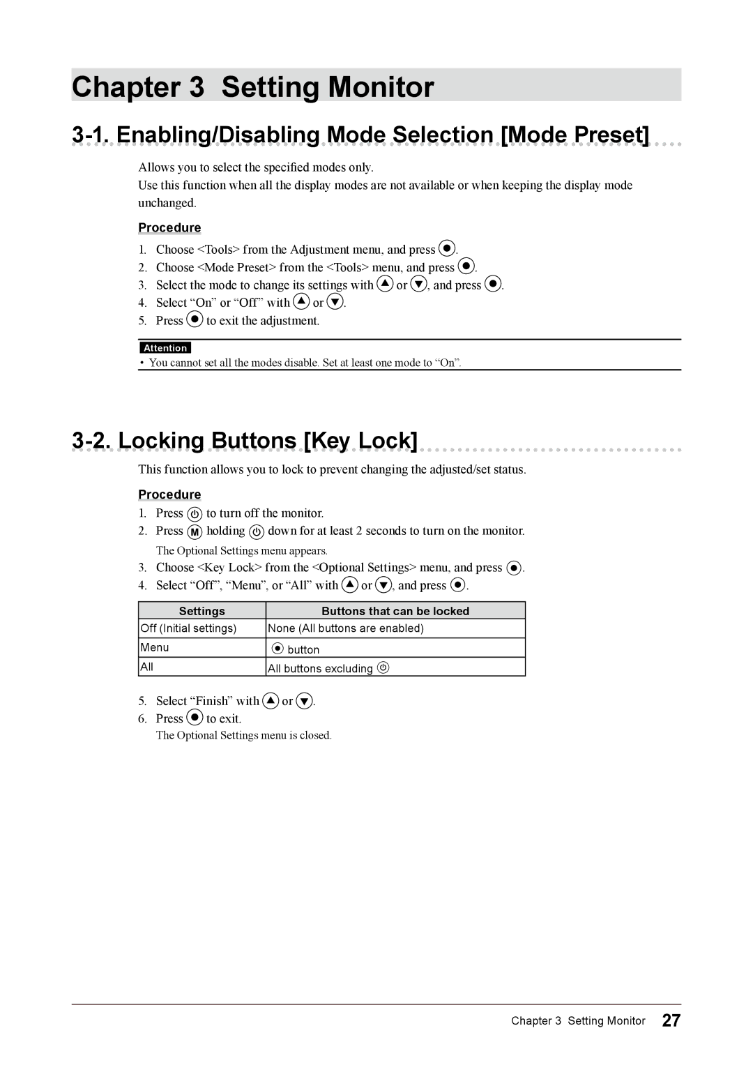 Eizo CG245W Enabling/Disabling Mode Selection Mode Preset, Locking Buttons Key Lock, Settings Buttons that can be locked 