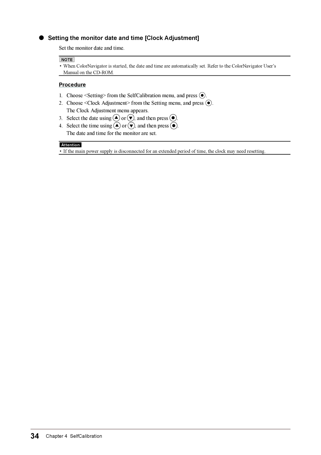 Eizo CG245W user manual Setting the monitor date and time Clock Adjustment, Set the monitor date and time 