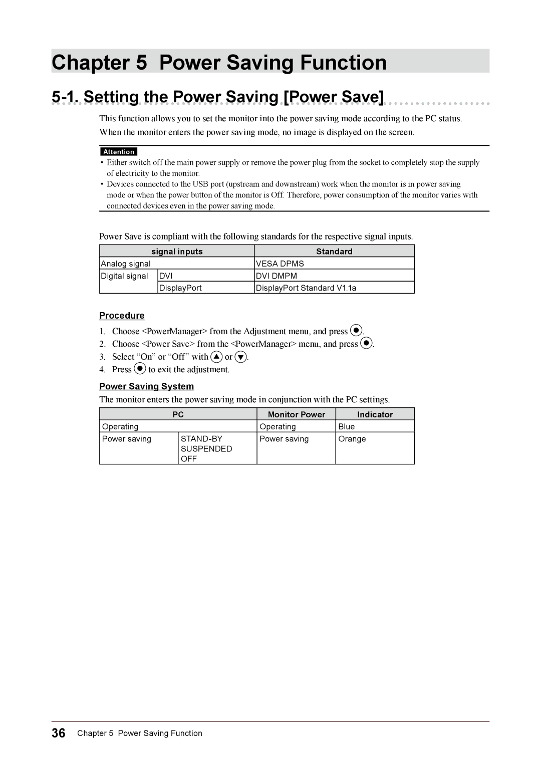 Eizo CG245W user manual Setting the Power Saving Power Save, Signal inputs Standard, Monitor Power Indicator 
