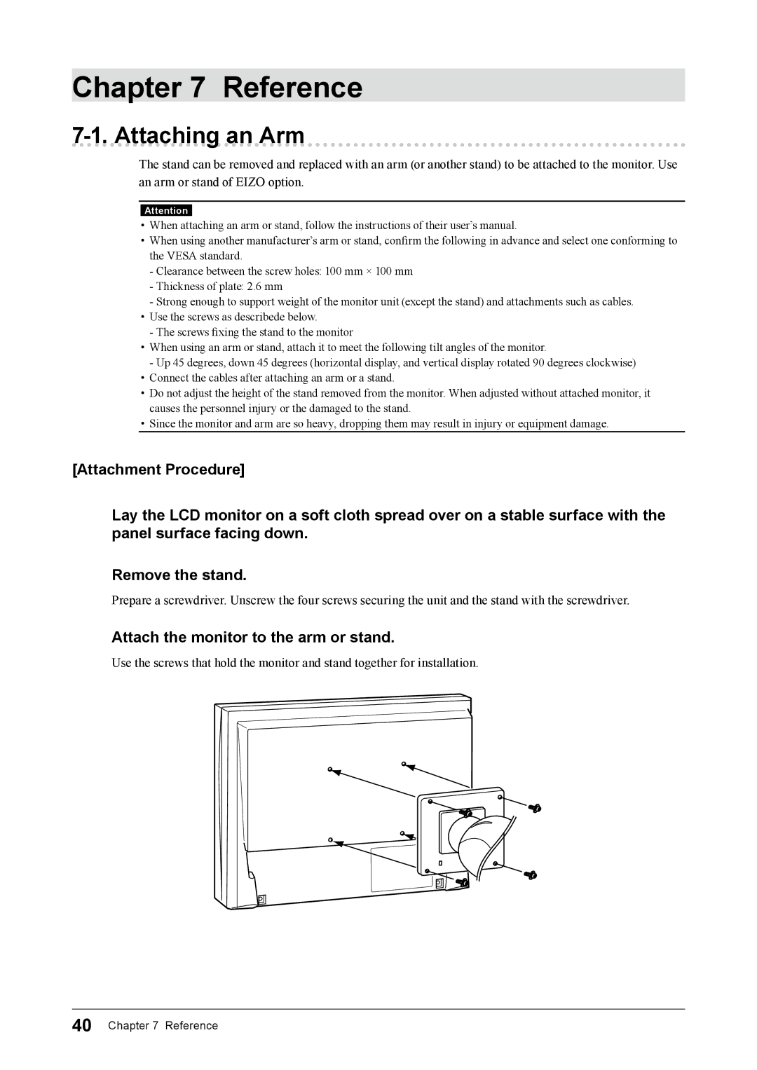 Eizo CG245W user manual Attaching an Arm, Attach the monitor to the arm or stand 