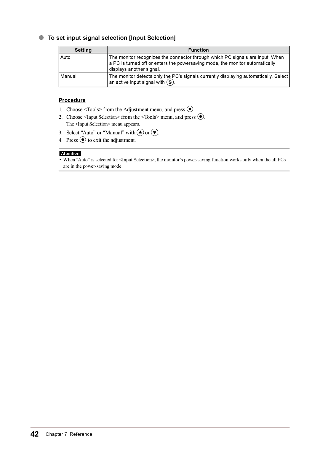 Eizo CG245W user manual To set input signal selection Input Selection, Setting Function 