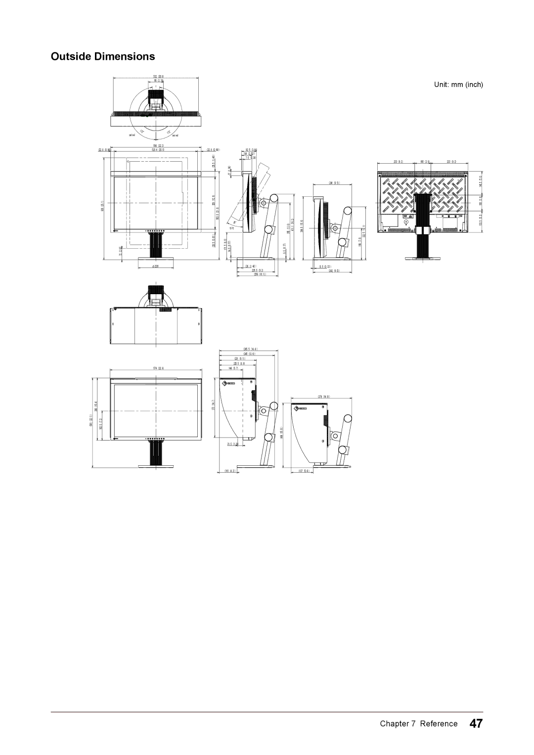 Eizo CG245W user manual Outside Dimensions, Unit mm inch 