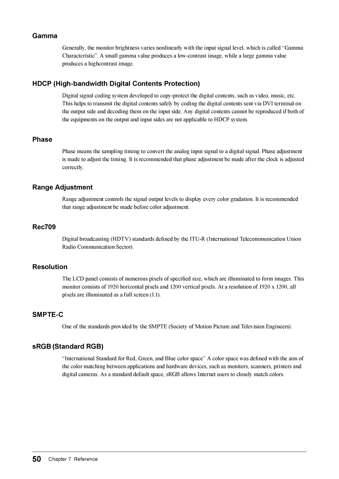 Eizo CG245W user manual Gamma, Hdcp High-bandwidth Digital Contents Protection, Phase, Range Adjustment, Rec709, Resolution 