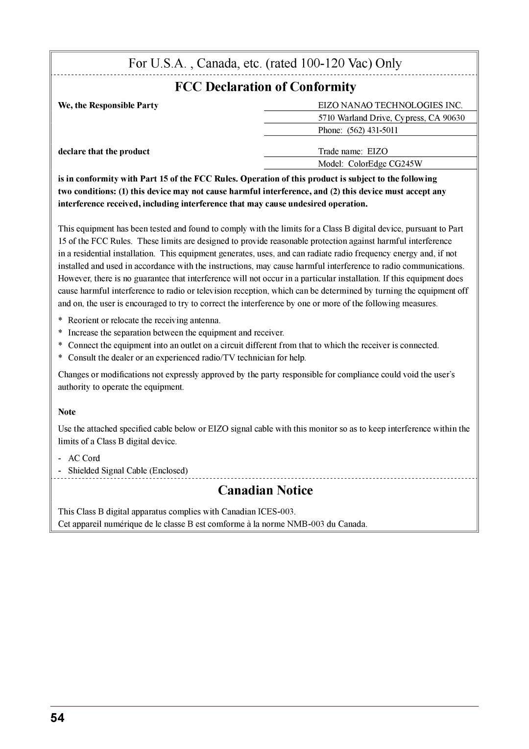 Eizo CG245W user manual FCC Declaration of Conformity 