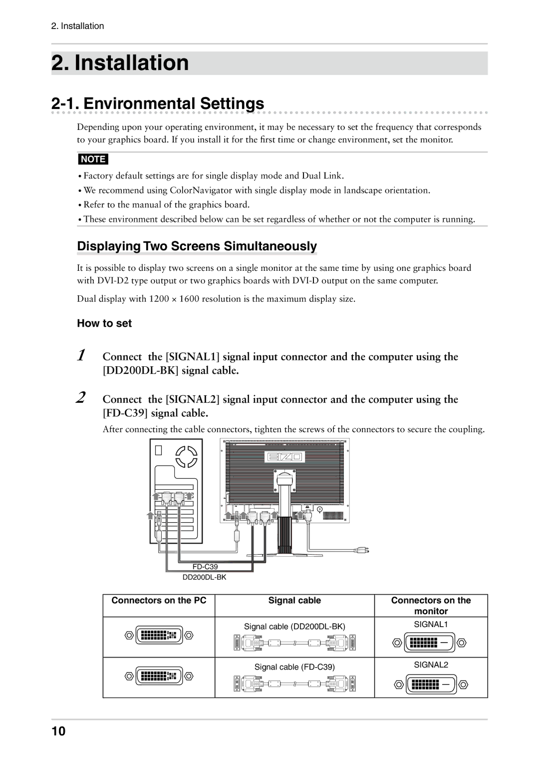 Eizo CG301W user manual Installation, Environmental Settings, Displaying Two Screens Simultaneously, How to set 