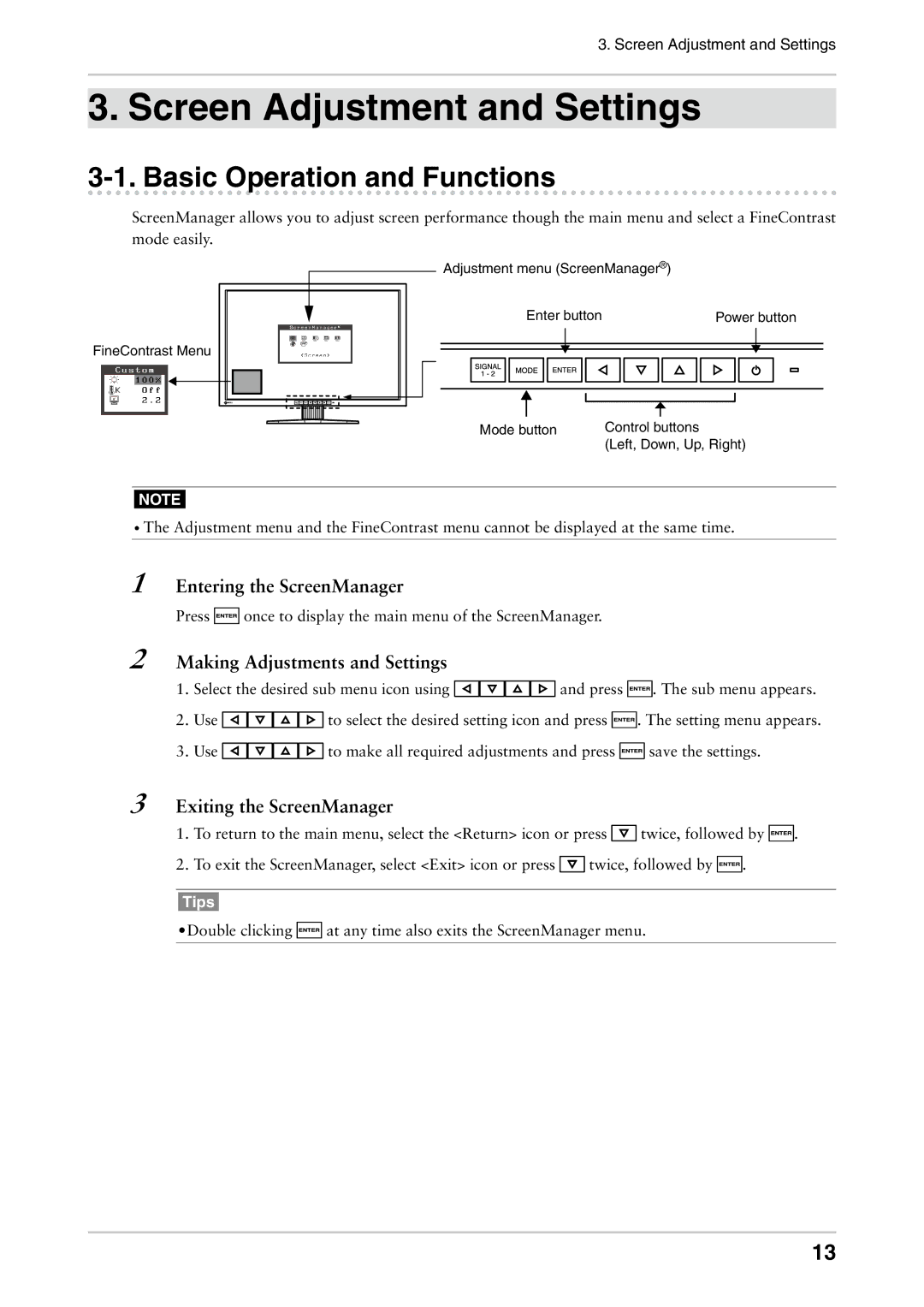 Eizo CG301W user manual Screen Adjustment and Settings, Basic Operation and Functions 