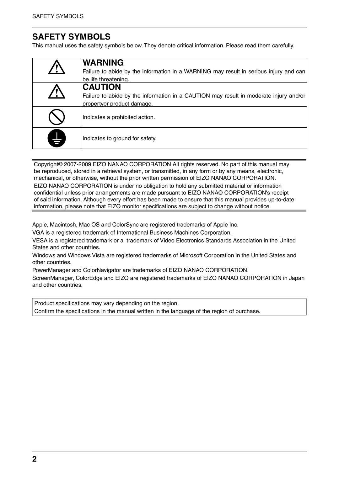 Eizo CG301W user manual Safety Symbols 