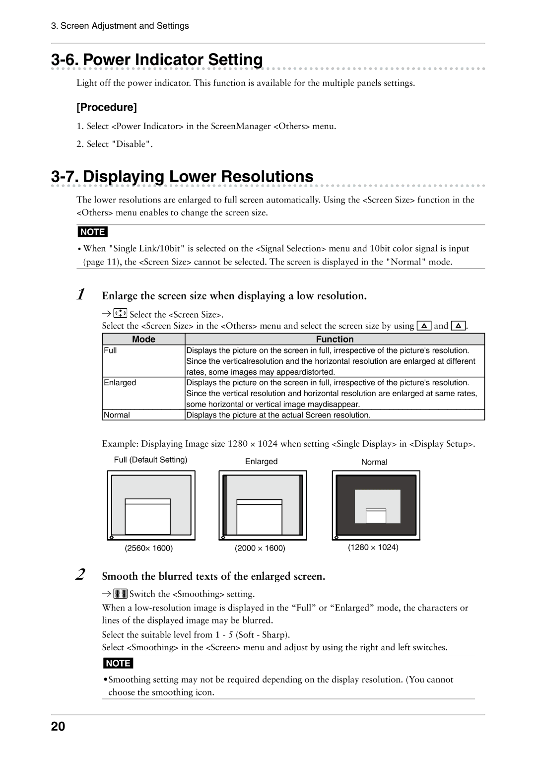 Eizo CG301W user manual Power Indicator Setting, Displaying Lower Resolutions, Mode Function 