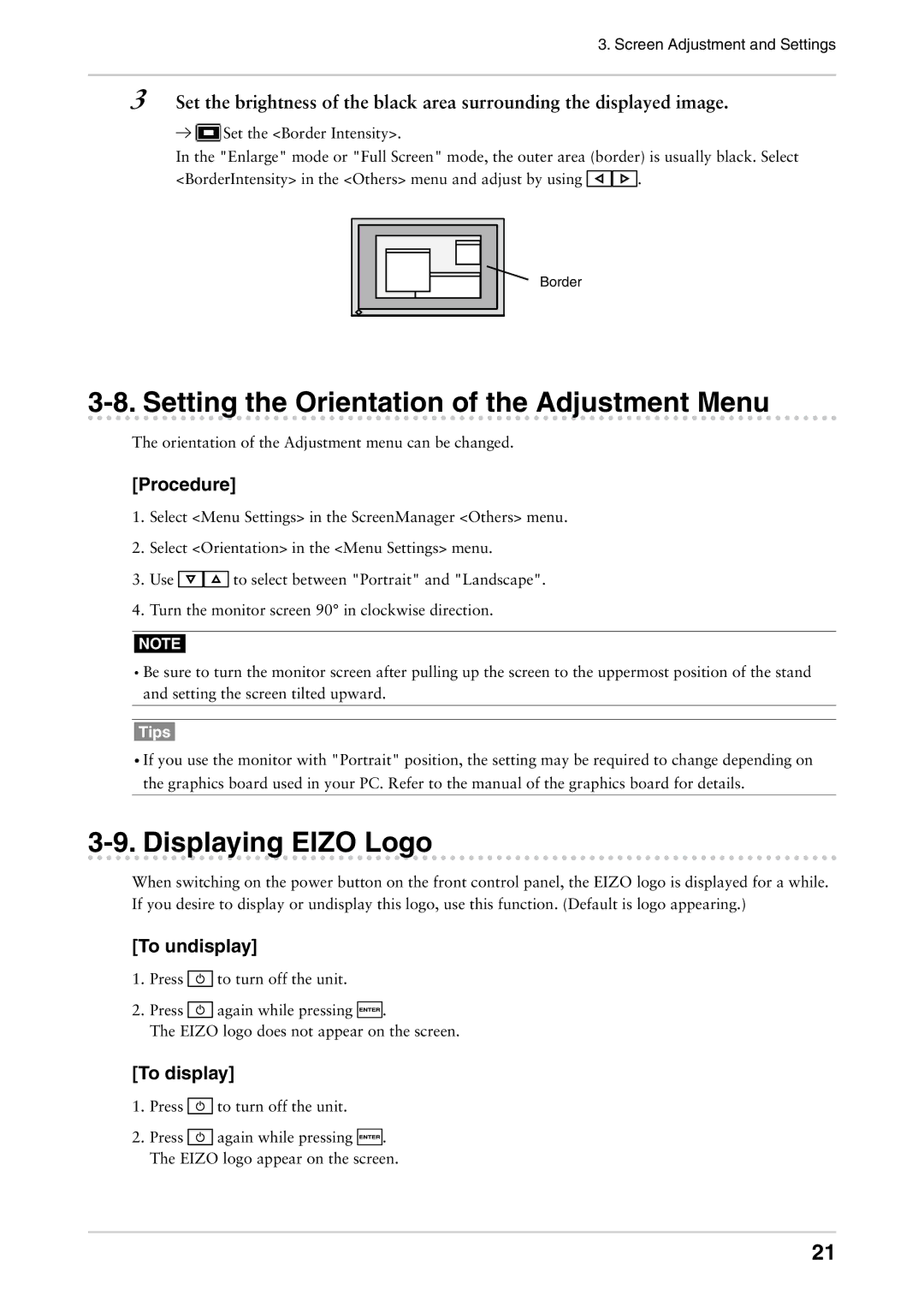 Eizo CG301W user manual Setting the Orientation of the Adjustment Menu, Displaying Eizo Logo, To undisplay, To display 