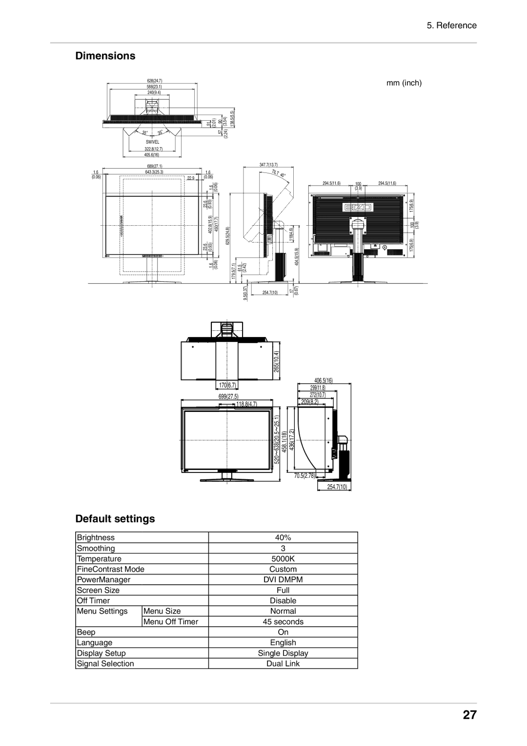 Eizo CG301W user manual Dimensions, Default settings 