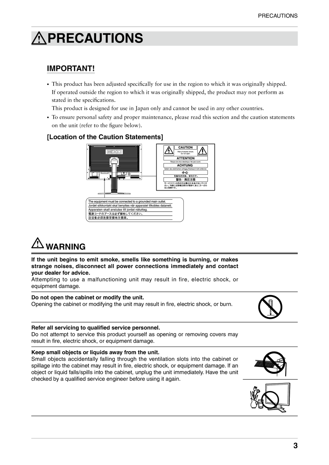 Eizo CG301W user manual Location of the Caution Statements, Do not open the cabinet or modify the unit 