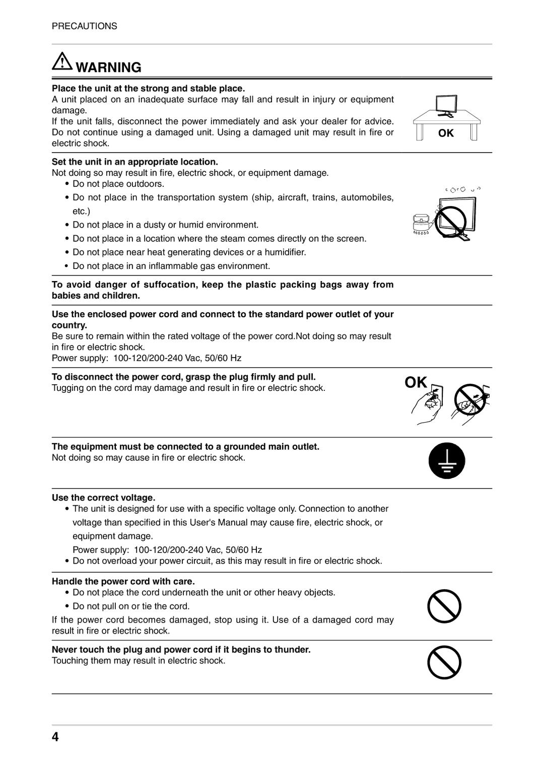 Eizo CG301W user manual Place the unit at the strong and stable place, Set the unit in an appropriate location 