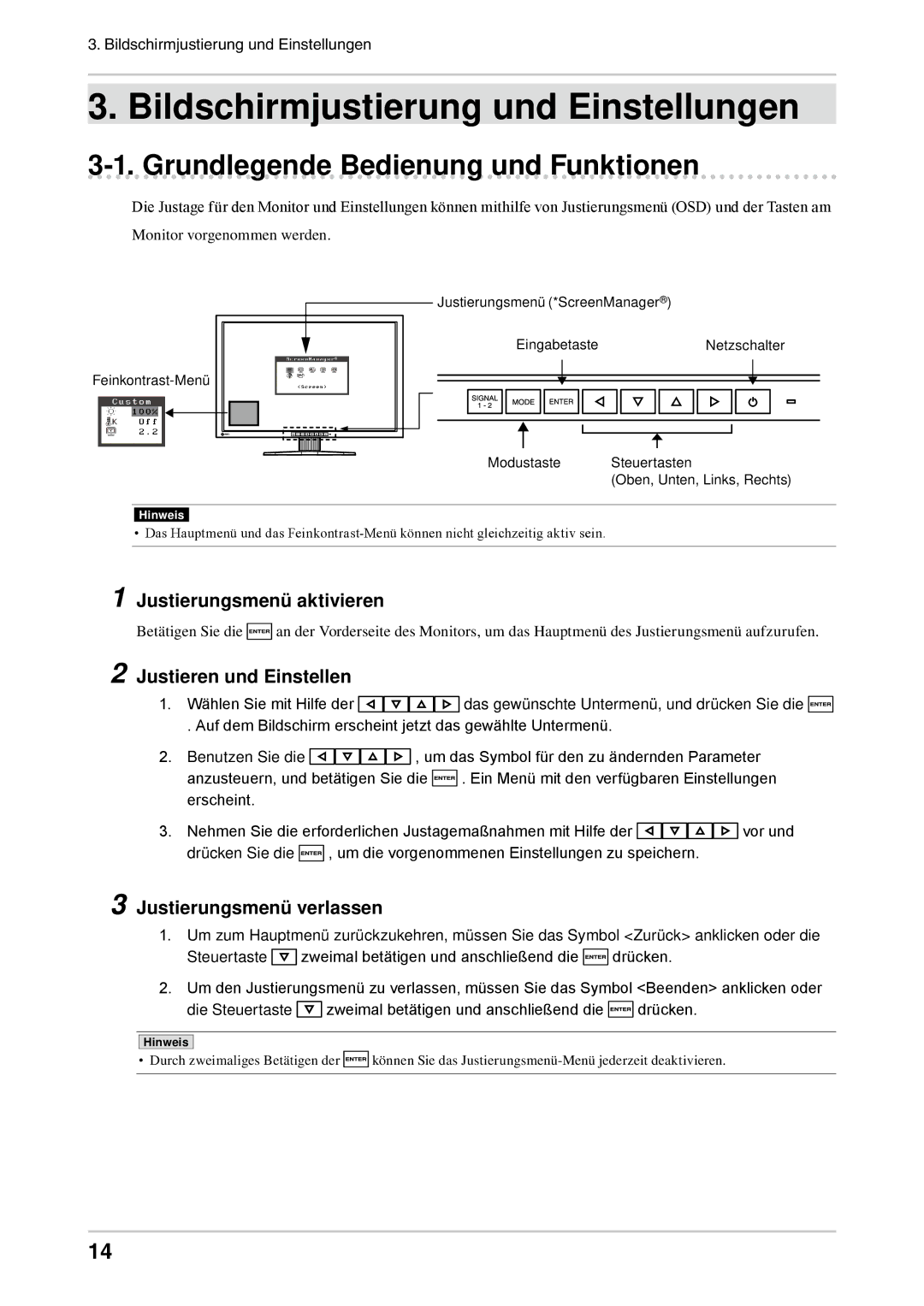 Eizo CG303W manual Grundlegende Bedienung und Funktionen, Justierungsmenü aktivieren, Justieren und Einstellen 