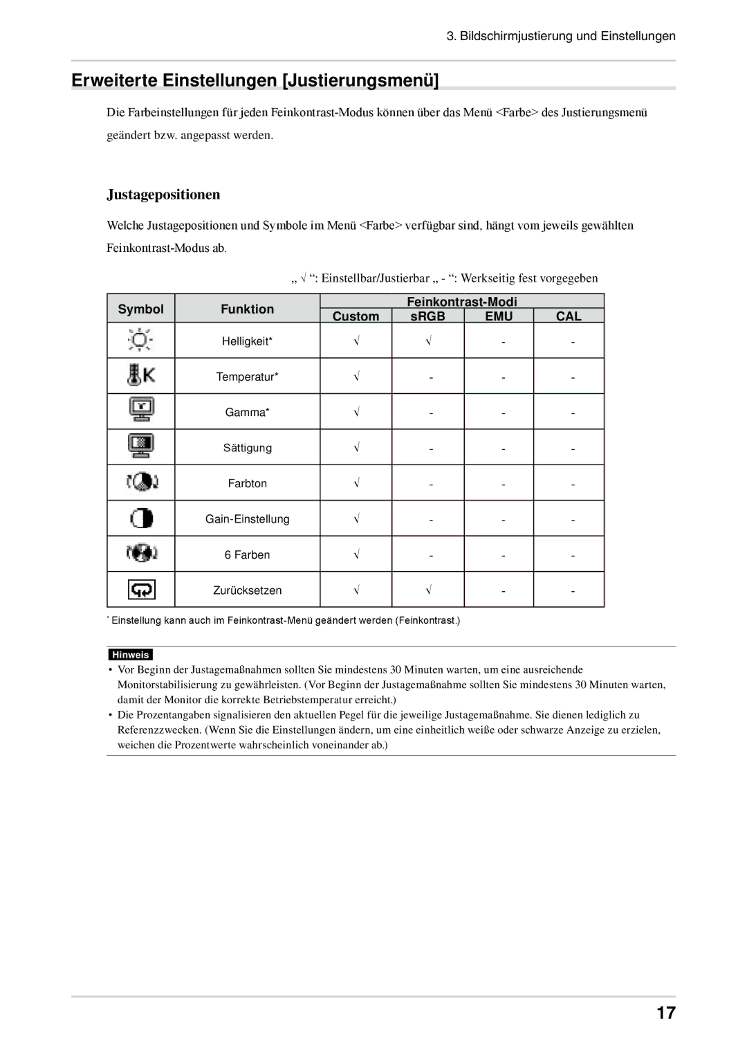 Eizo CG303W manual Erweiterte Einstellungen Justierungsmenü, Justagepositionen 