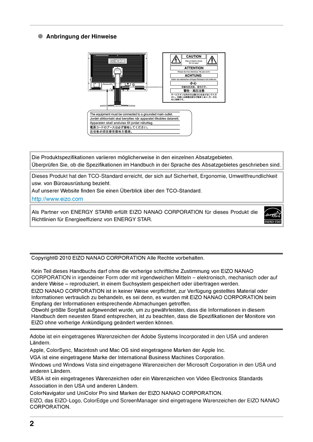 Eizo CG303W manual Anbringung der Hinweise 