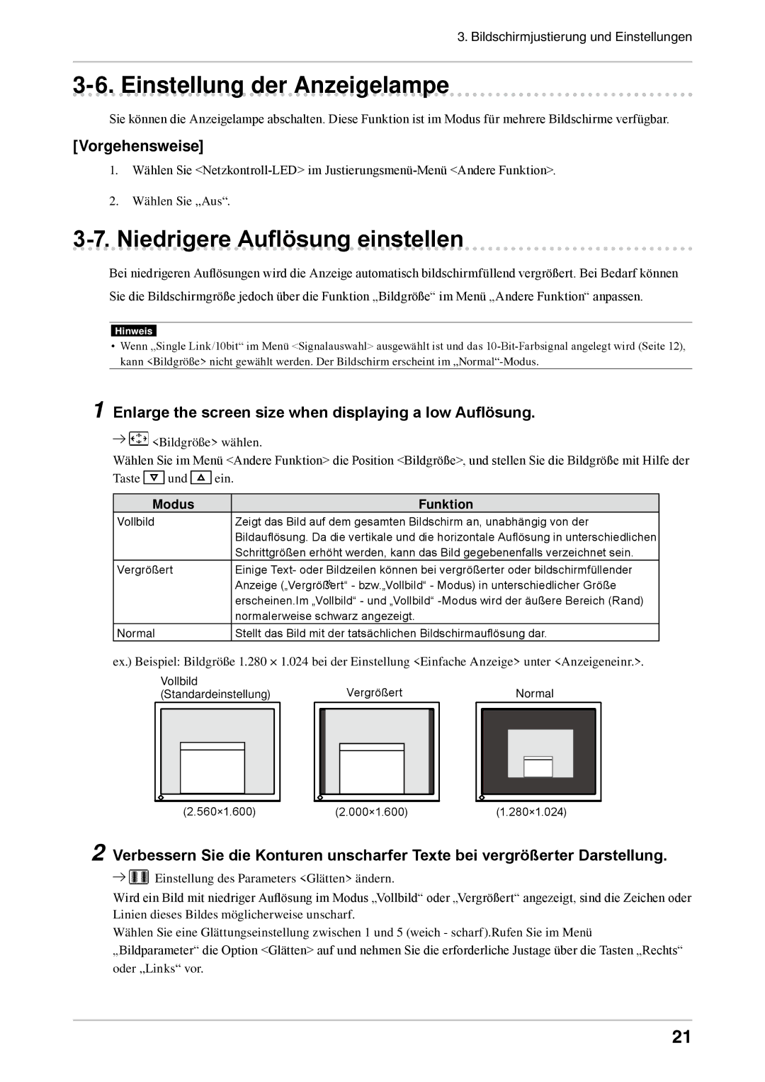 Eizo CG303W manual Einstellung der Anzeigelampe, Niedrigere Auflösung einstellen 