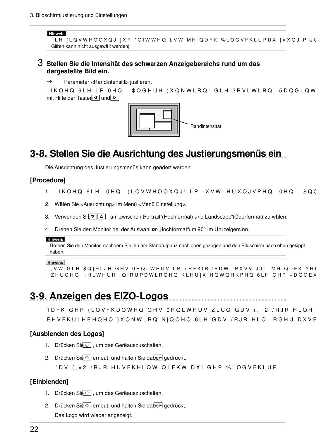 Eizo CG303W manual Stellen Sie die Ausrichtung des Justierungsmenüs ein, Anzeigen des EIZO-Logos, Ausblenden des Logos 