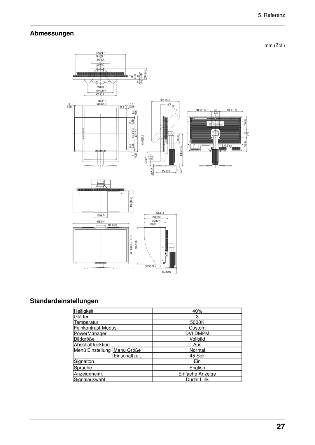 Eizo CG303W manual Abmessungen, Standardeinstellungen 