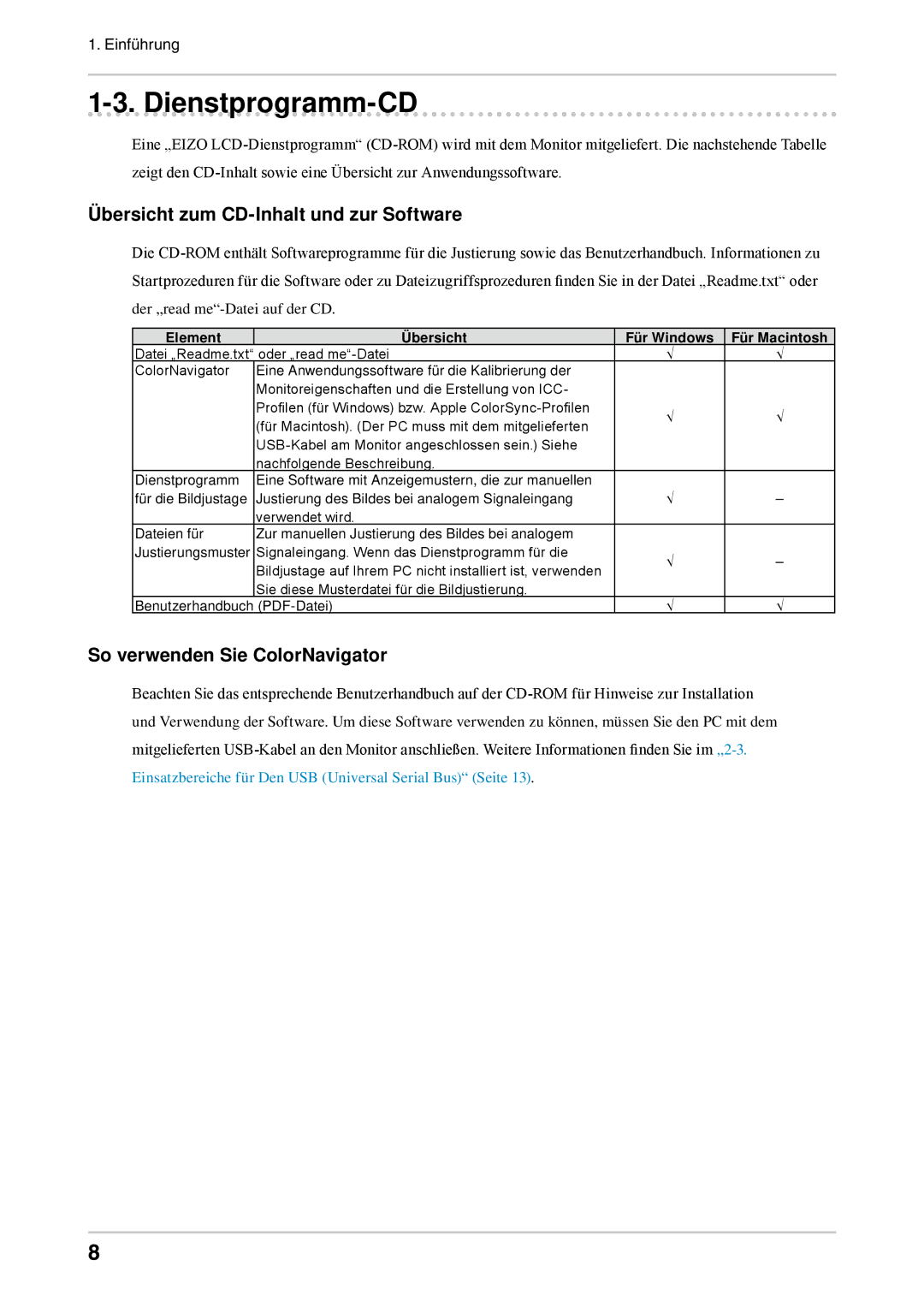 Eizo CG303W manual Dienstprogramm-CD, Übersicht zum CD-Inhalt und zur Software, So verwenden Sie ColorNavigator 