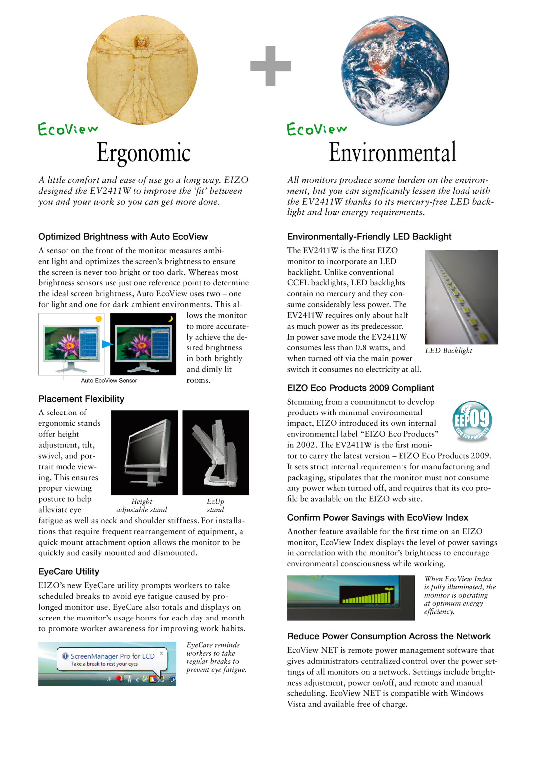 Eizo EV2411W manual Ergonomic, Environmental 