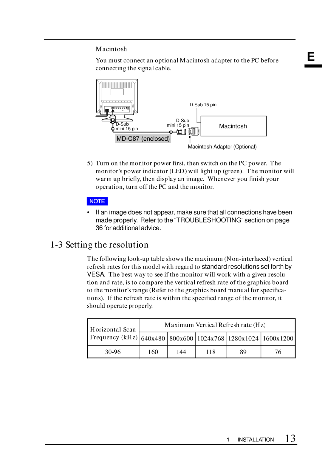 Eizo TX D7, F67, FX D7, T68 user manual Setting the resolution, Macintosh, MD-C87 enclosed 