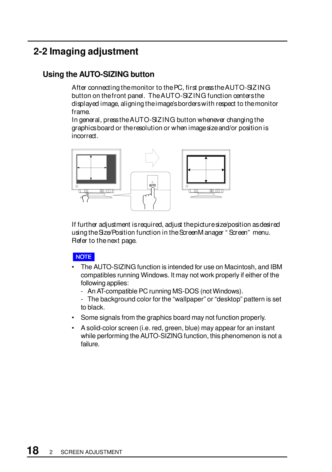 Eizo FX D7, F67, TX D7, T68 user manual Imaging adjustment, Using the AUTO-SIZING button 