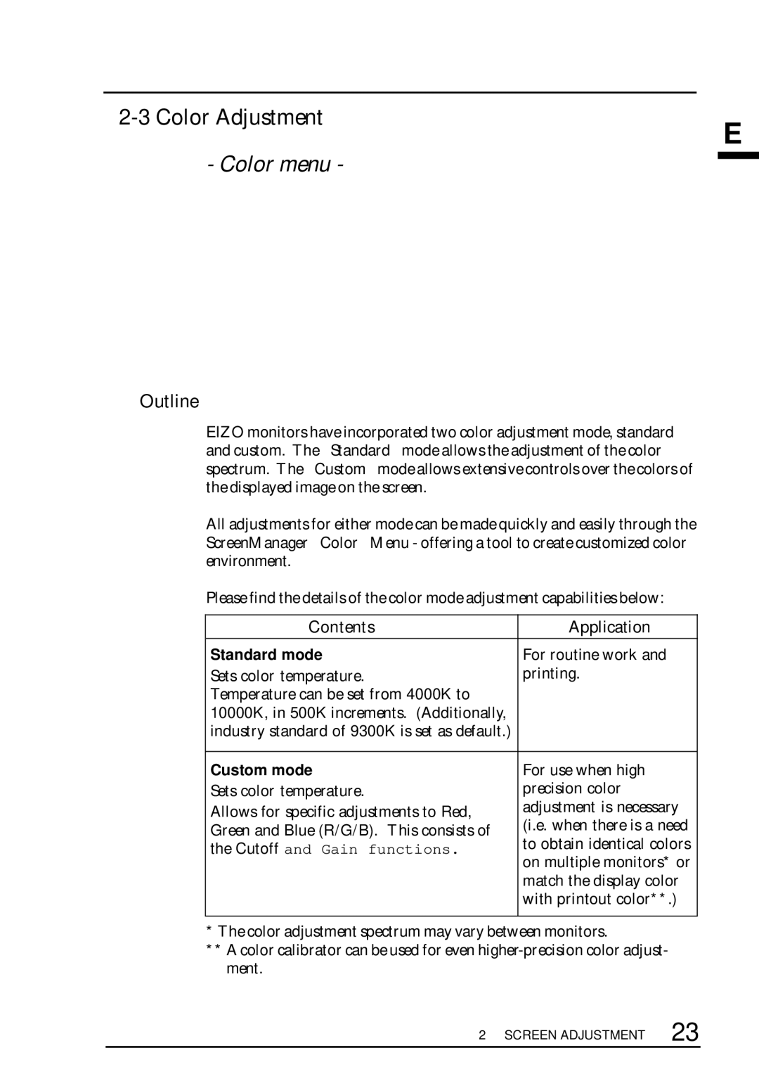 Eizo T68, F67, TX D7, FX D7 user manual Color Adjustment, Outline 