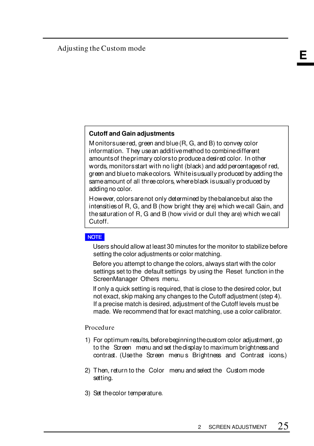 Eizo TX D7, F67, FX D7, T68 user manual Adjusting the Custom mode, Cutoff and Gain adjustments 