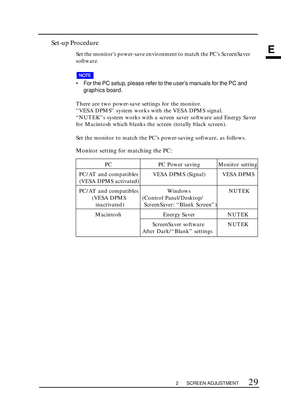 Eizo TX D7, F67, FX D7, T68 user manual Set-up Procedure, Monitor setting for matching the PC 