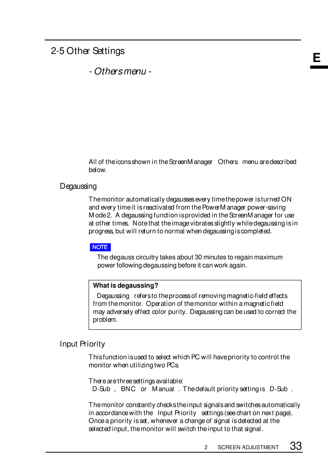 Eizo TX D7, F67, FX D7, T68 user manual Other Settings, Degaussing, Input Priority, What is degaussing? 