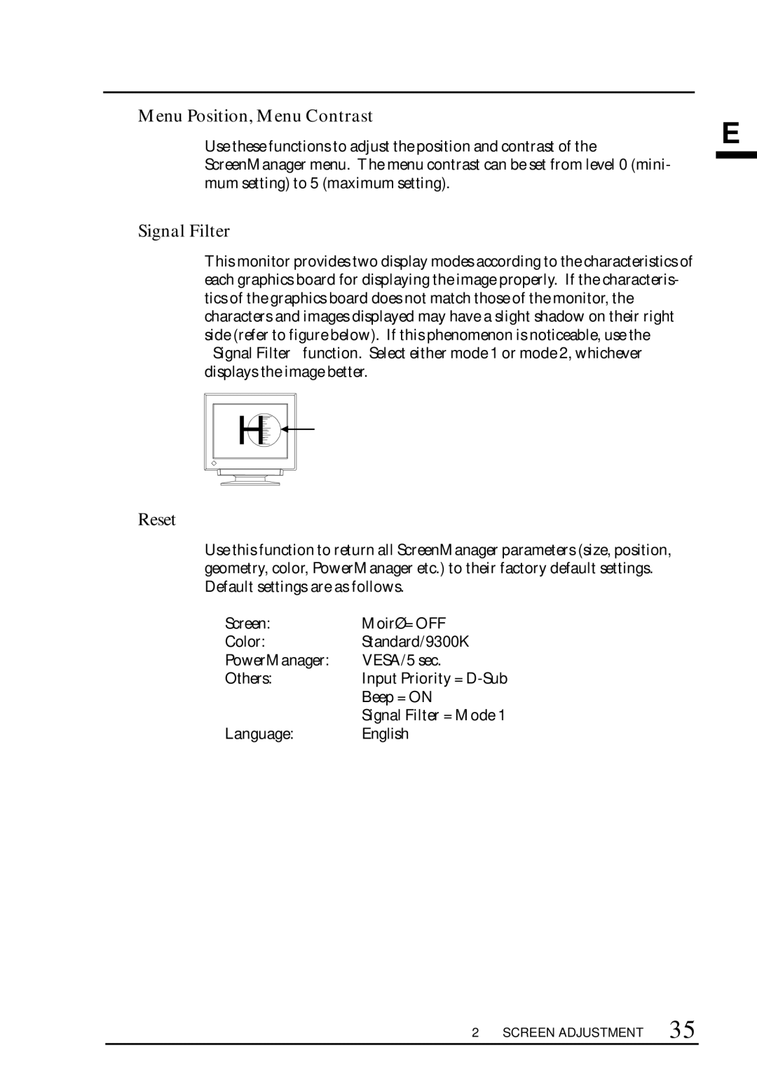 Eizo T68, F67, TX D7, FX D7 user manual Menu Position, Menu Contrast, Signal Filter, Reset 