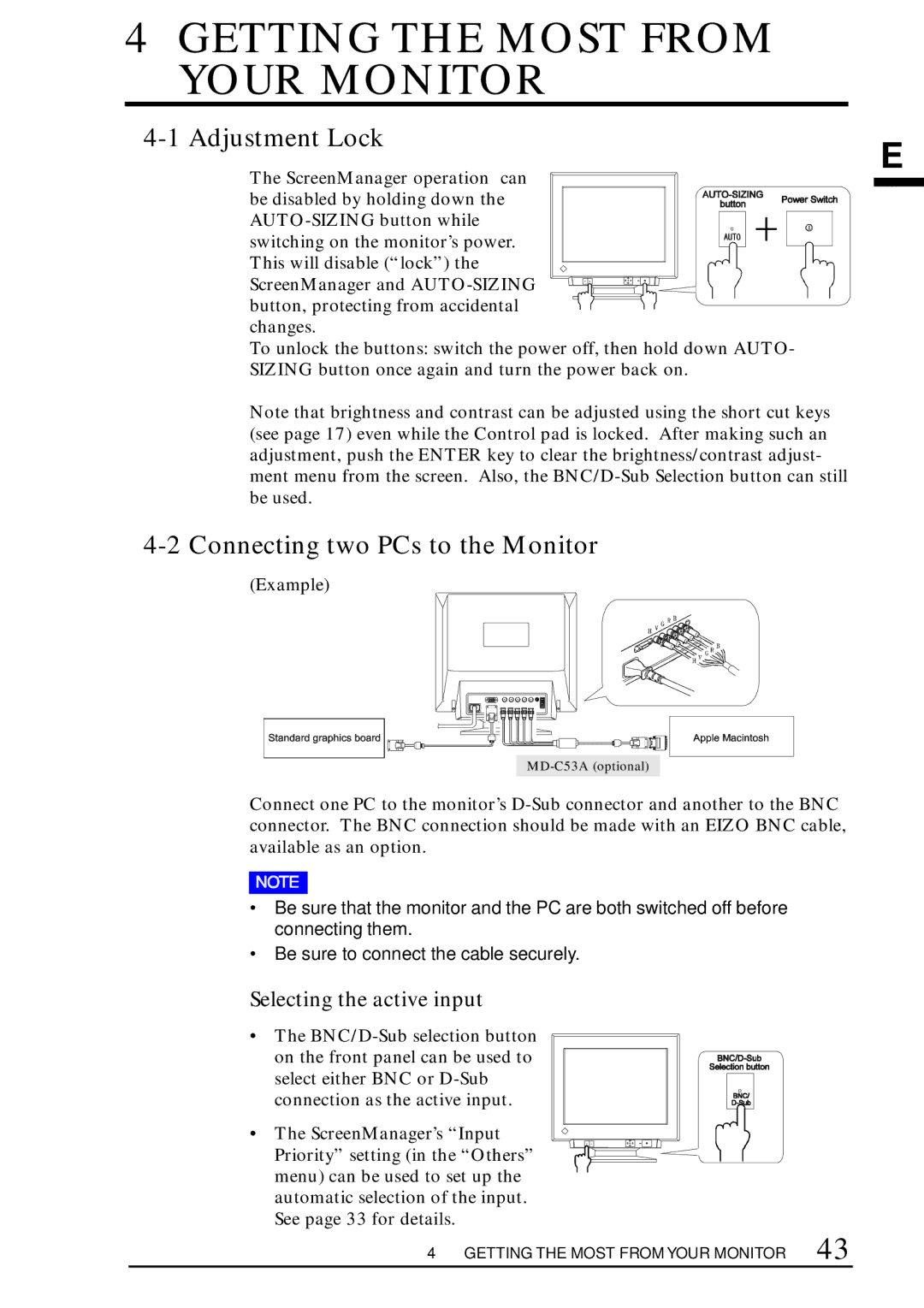 Eizo T68, F67, TX D7, FX D7 Getting the Most from Your Monitor, Adjustment Lock, Connecting two PCs to the Monitor, Example 