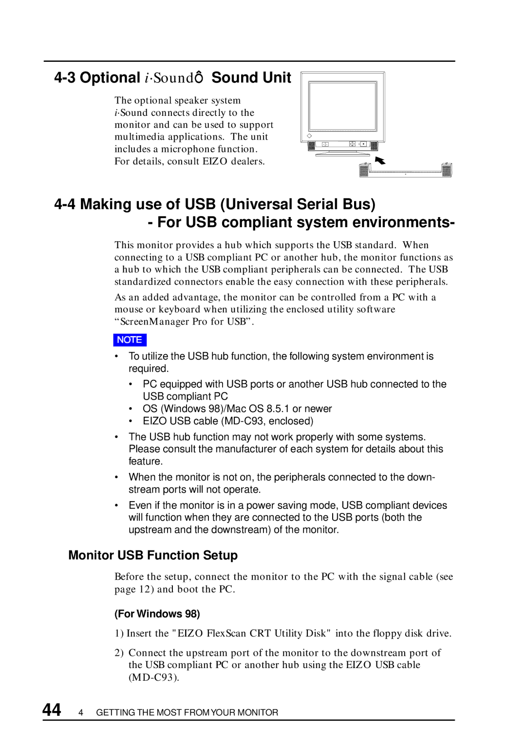 Eizo F67, TX D7, FX D7, T68 user manual Optional i·SoundÔ Sound Unit, Monitor USB Function Setup, For Windows 