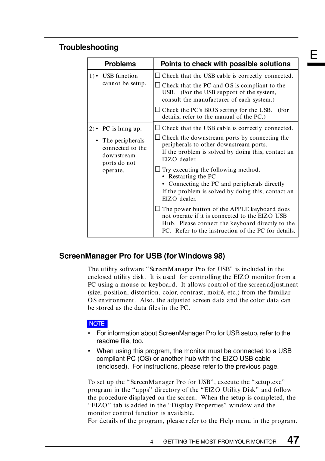 Eizo T68, F67, TX D7, FX D7 user manual Troubleshooting, ScreenManager Pro for USB for Windows 