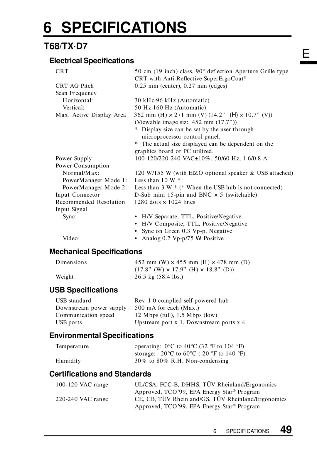 Eizo TX D7, F67, FX D7 user manual Specifications, T68/TX·D7 