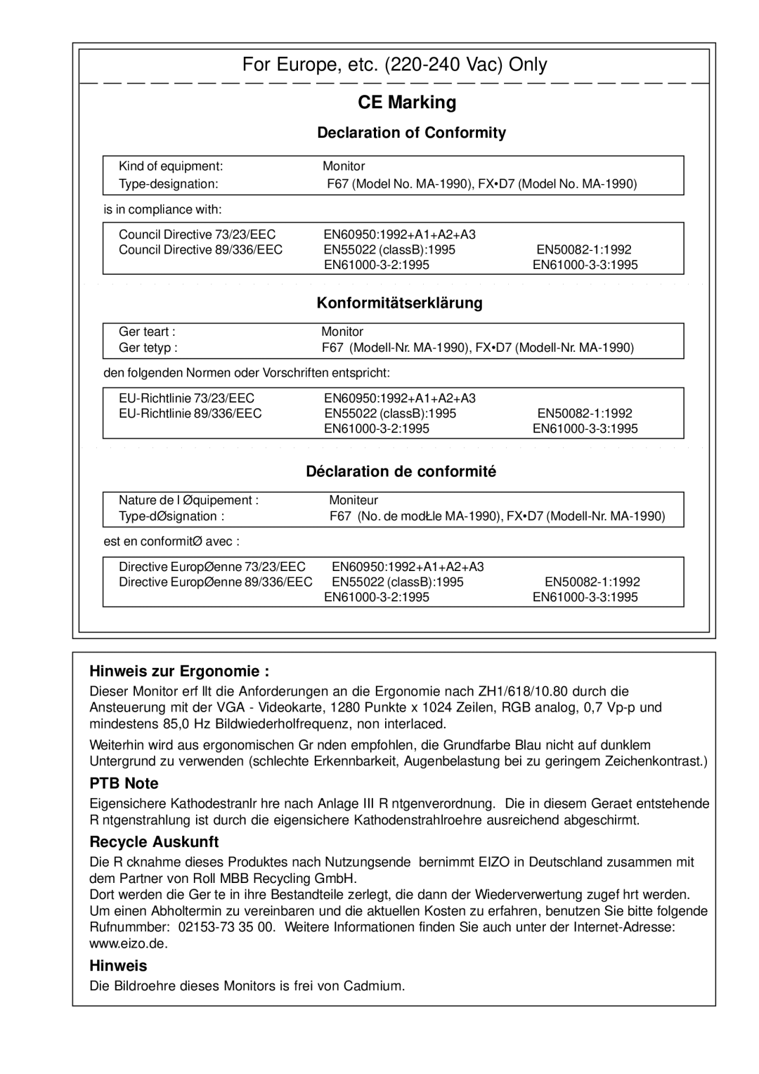 Eizo TX D7, F67, FX D7, T68 user manual For Europe, etc -240 Vac Only 