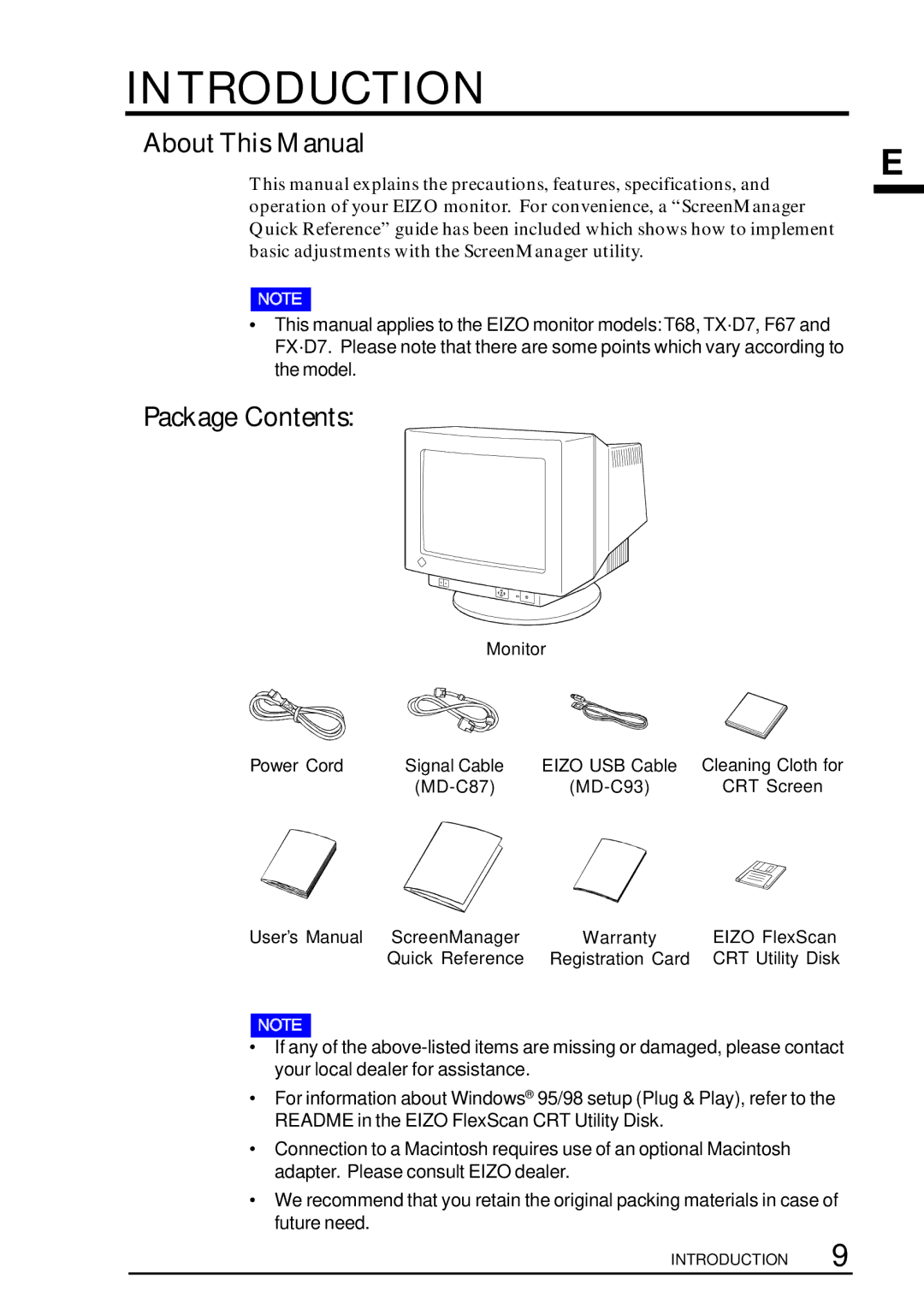 Eizo TX D7, F67, FX D7, T68 user manual Introduction, About This Manual, Package Contents 