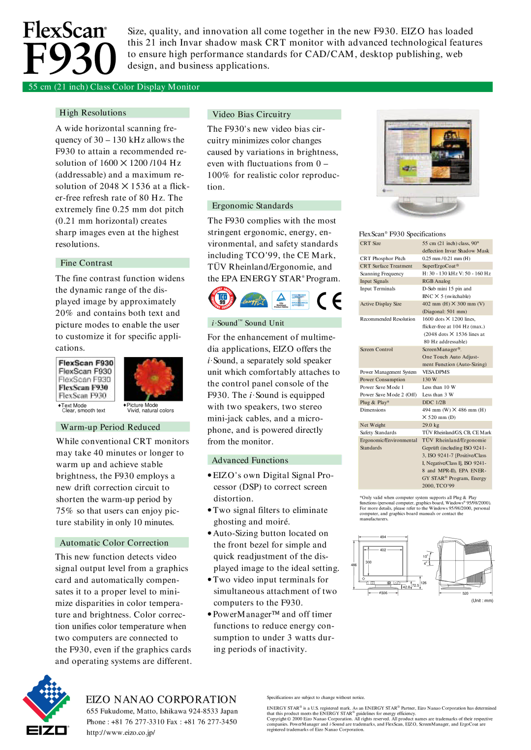 Eizo F930 manual High Resolutions, Fine Contrast, Warm-up Period Reduced, Automatic Color Correction, Video Bias Circuitry 