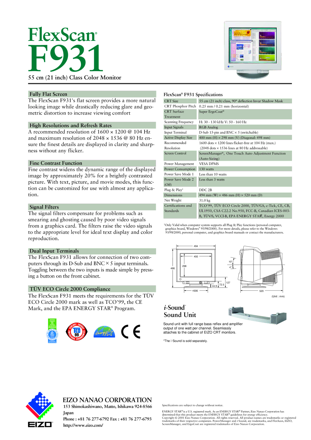 Eizo F931 specifications Fully Flat Screen, High Resolutions and Refresh Rates, Fine Contrast Function, Signal Filters 