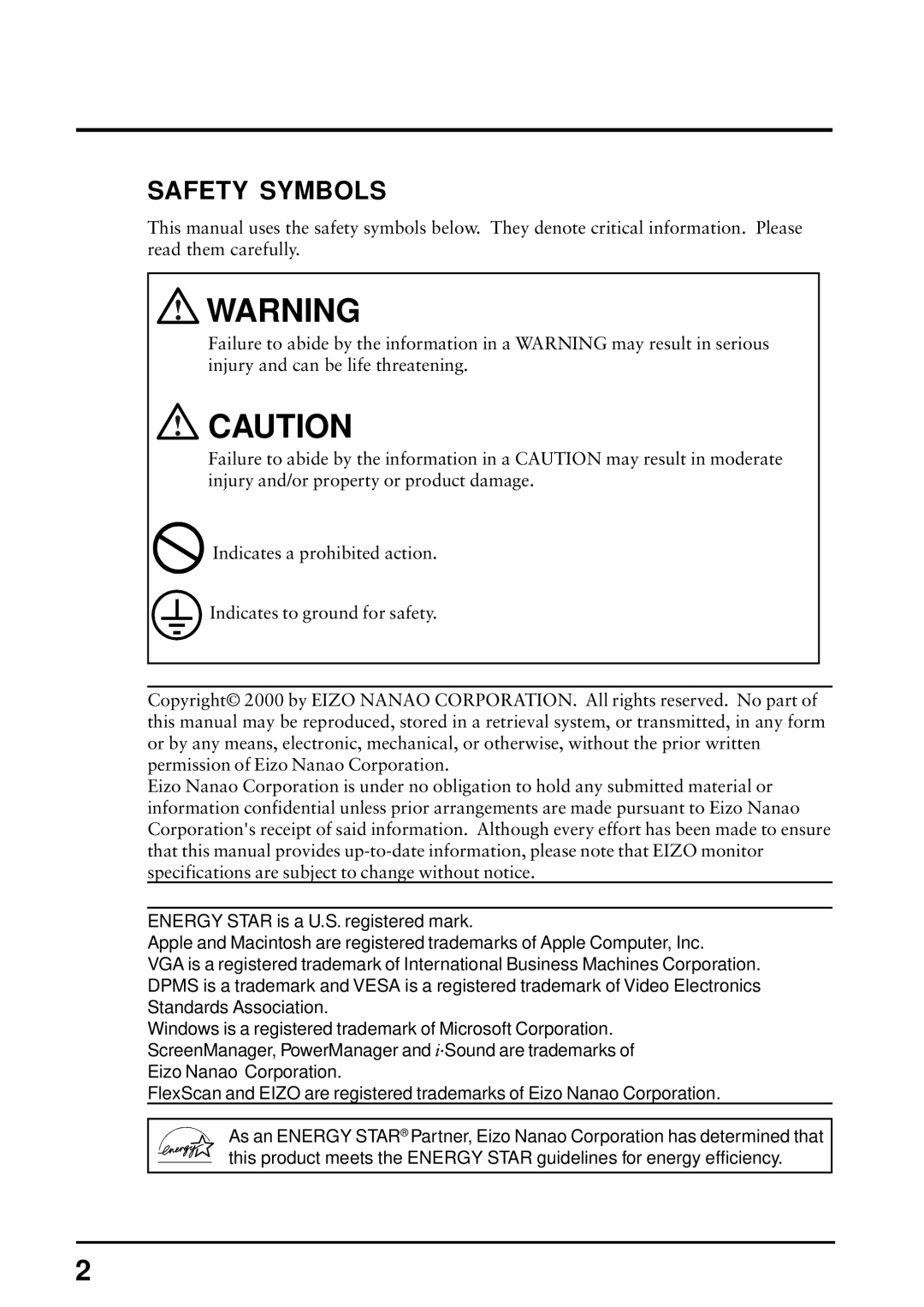 Eizo FlexScan L675 manual Safety Symbols 