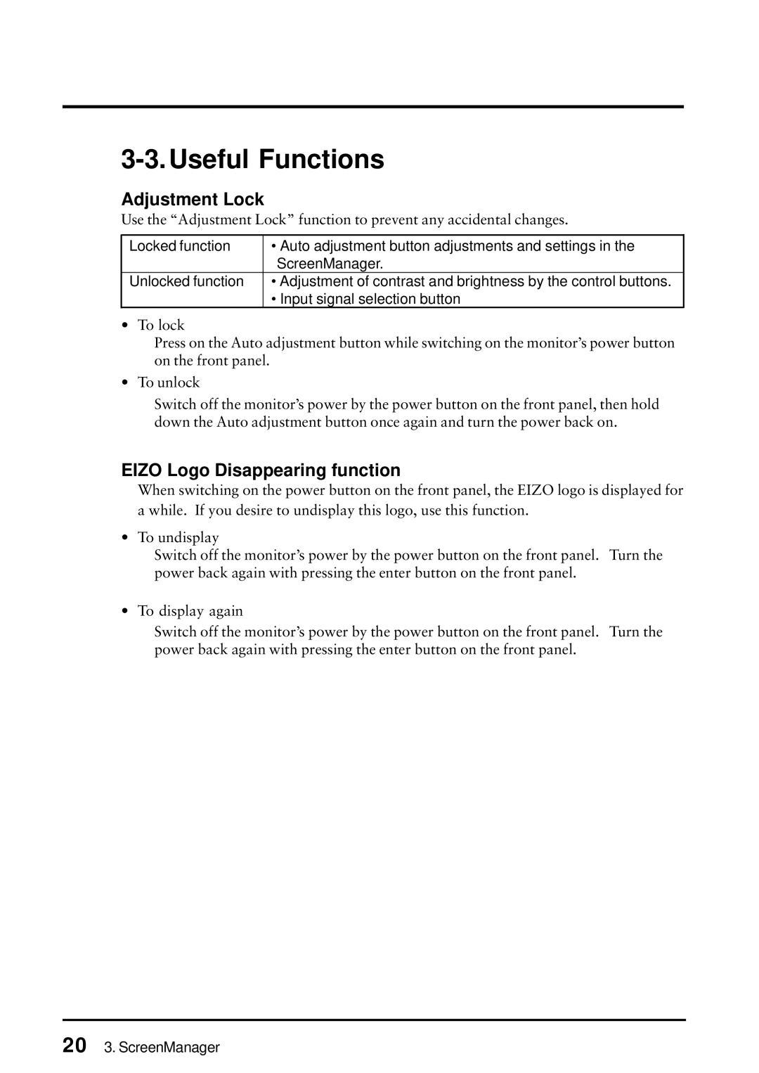 Eizo FlexScan L675 manual Useful Functions, Adjustment Lock, Eizo Logo Disappearing function 