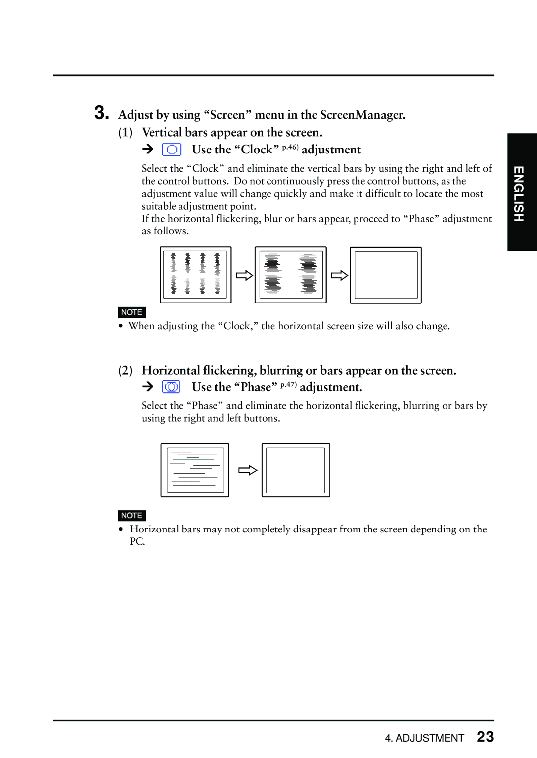 Eizo FlexScan L675 manual Horizontal flickering, blurring or bars appear on the screen 