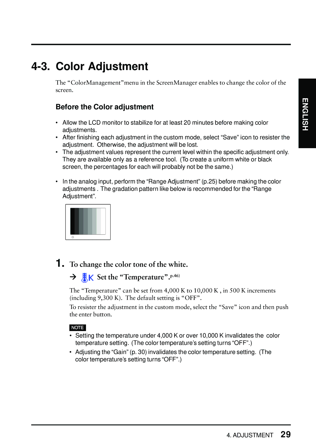 Eizo FlexScan L675 manual Color Adjustment, Before the Color adjustment 